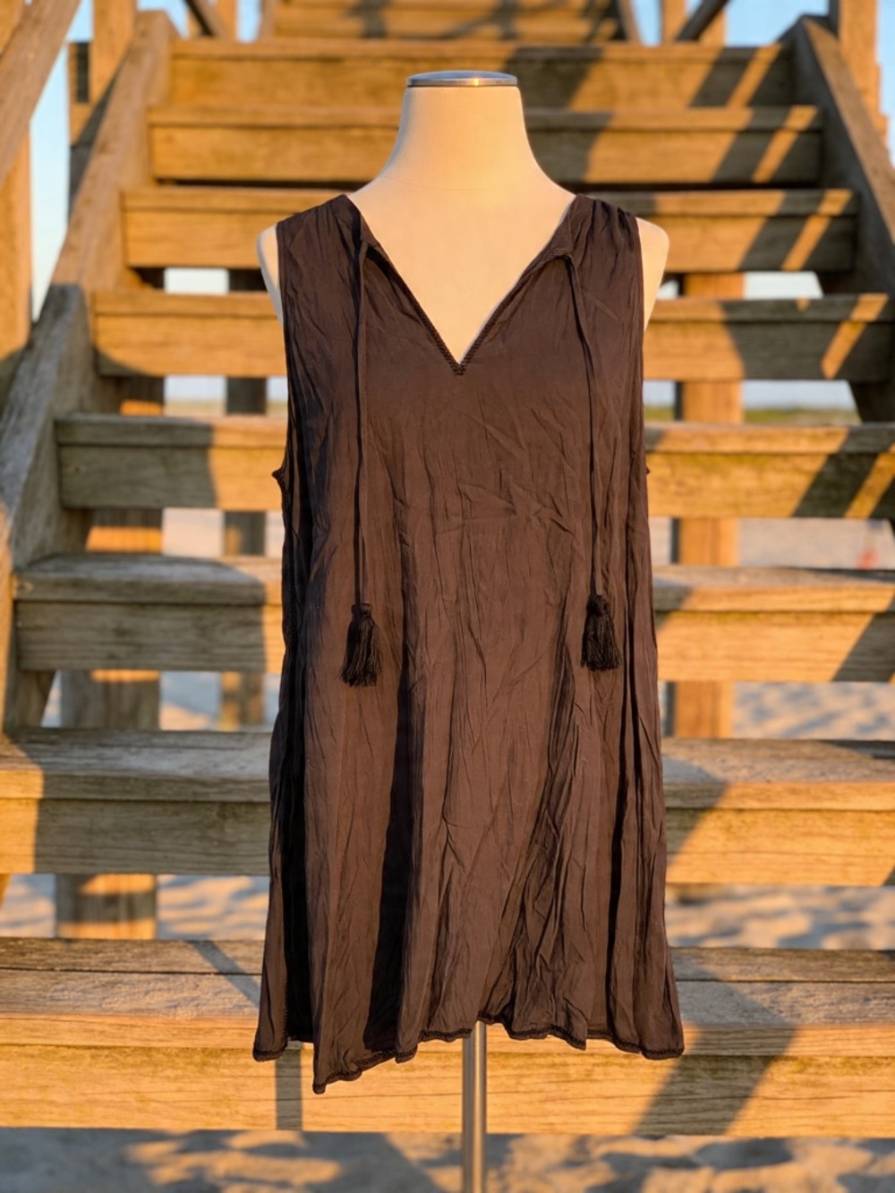 Lou & Grey Black Tassel V-Neck Sleeveless Mini Dress